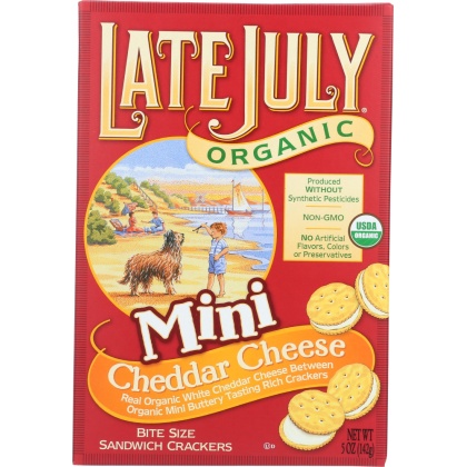 LATE JULY: Organic Bite Size Sandwich Crackers Cheddar Cheese, 5 oz